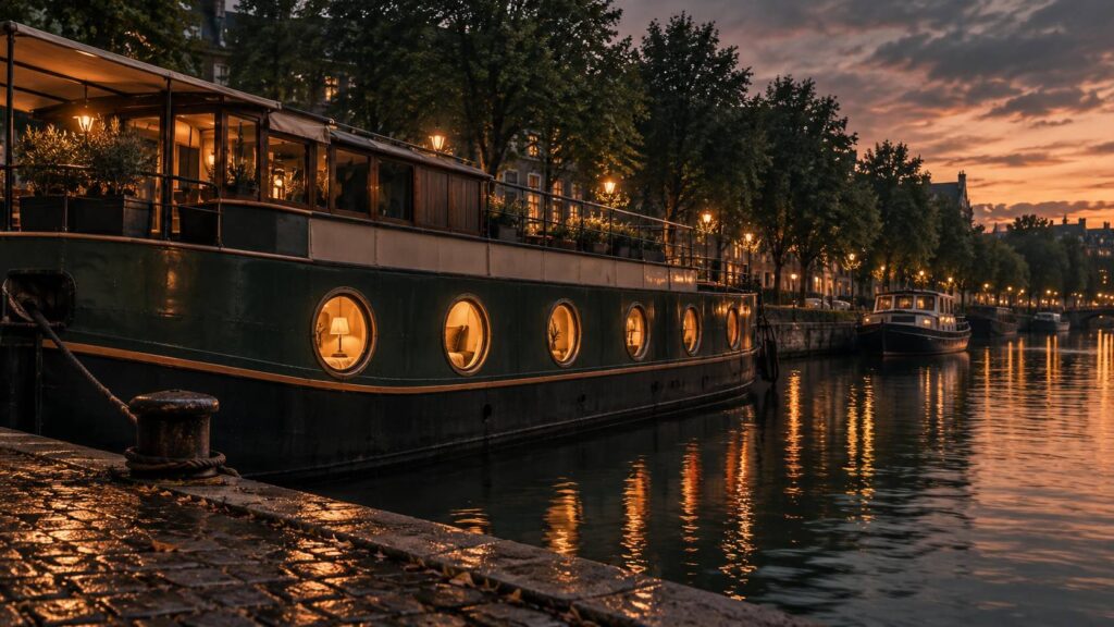 Péniche-hôtel éclairée amarrée à un quai urbain au crépuscule