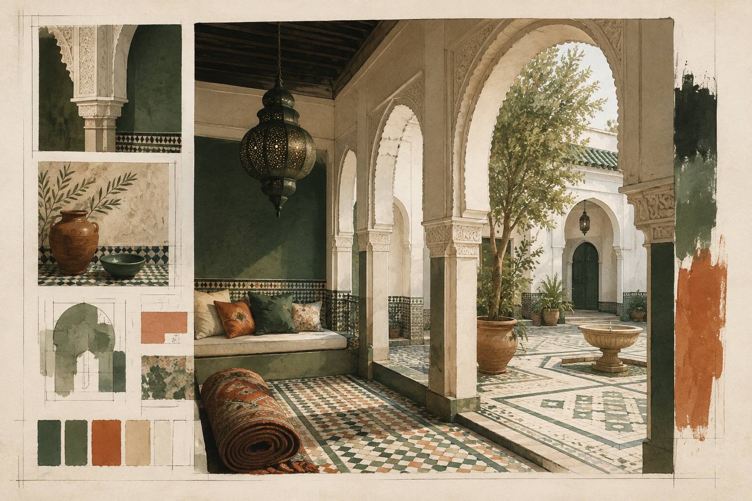 Galerie couverte de riad avec arcades sculptées, lanterne, tapis roulé et coussins sur un banc