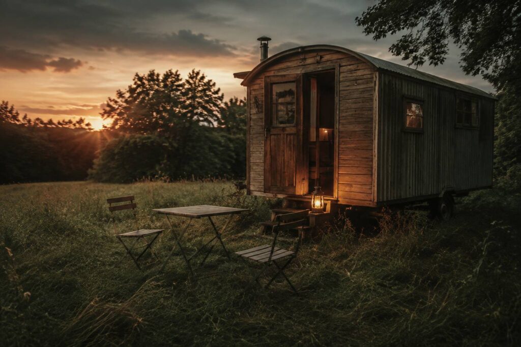 Roulotte en bois dans un pré au crépuscule avec lanterne et table de camping