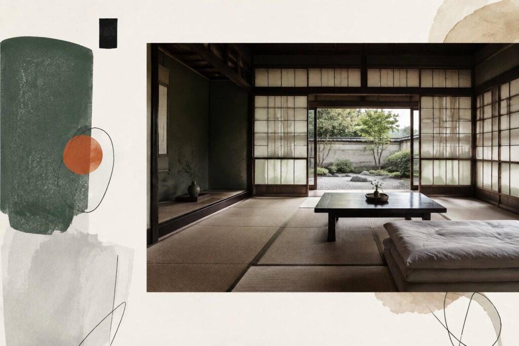 Chambre de ryokan générique avec tatamis, futon plié et portes shoji en bois