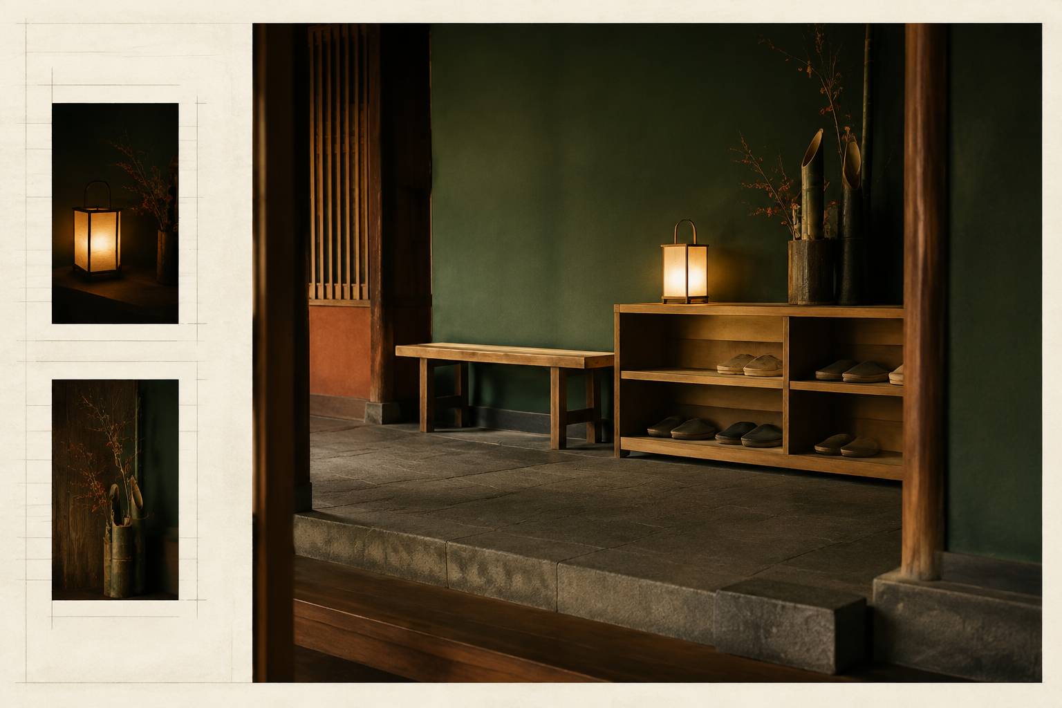 Entrée de ryokan générique avec banc en bois, chaussons et lanterne en papier