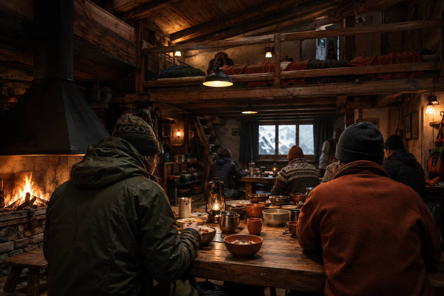 Salle commune chaleureuse d'un refuge de montagne avec table en bois, repas et dortoir en mezzanine
