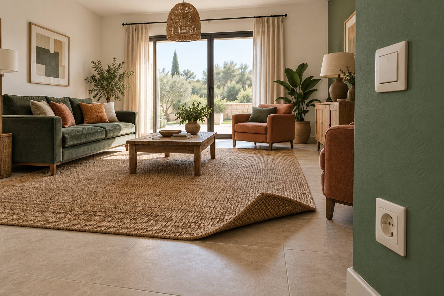 Salon de location de vacances clair en cours de vérification avec coin de tapis relevé