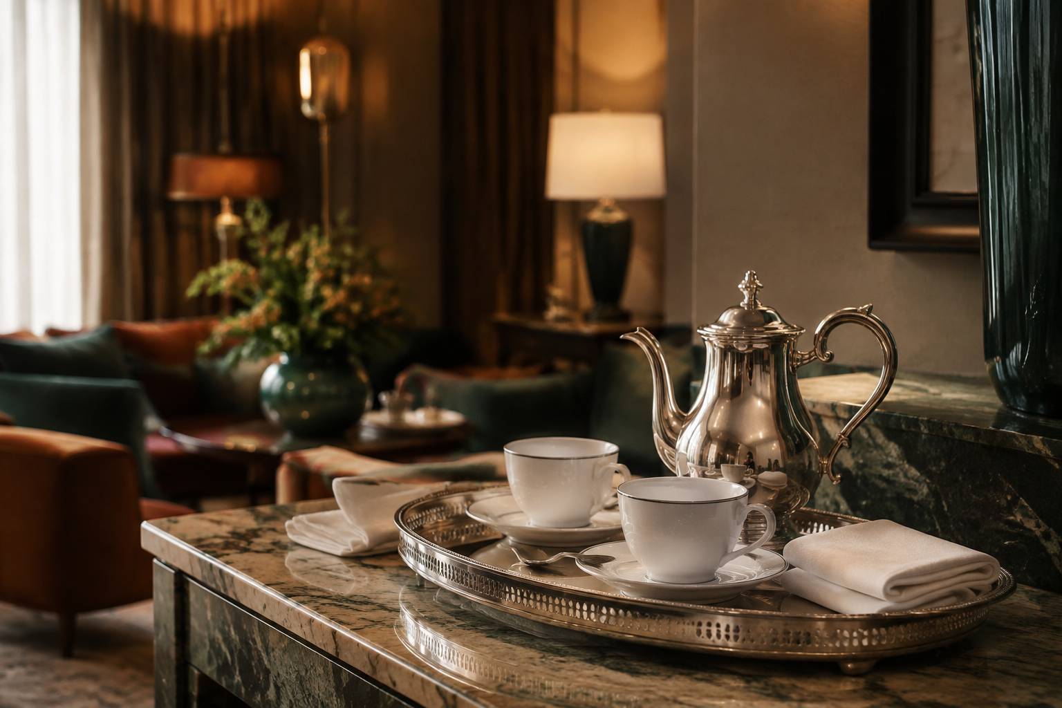 Plateau en argent avec théière posé sur une console en marbre dans le salon d'un hôtel