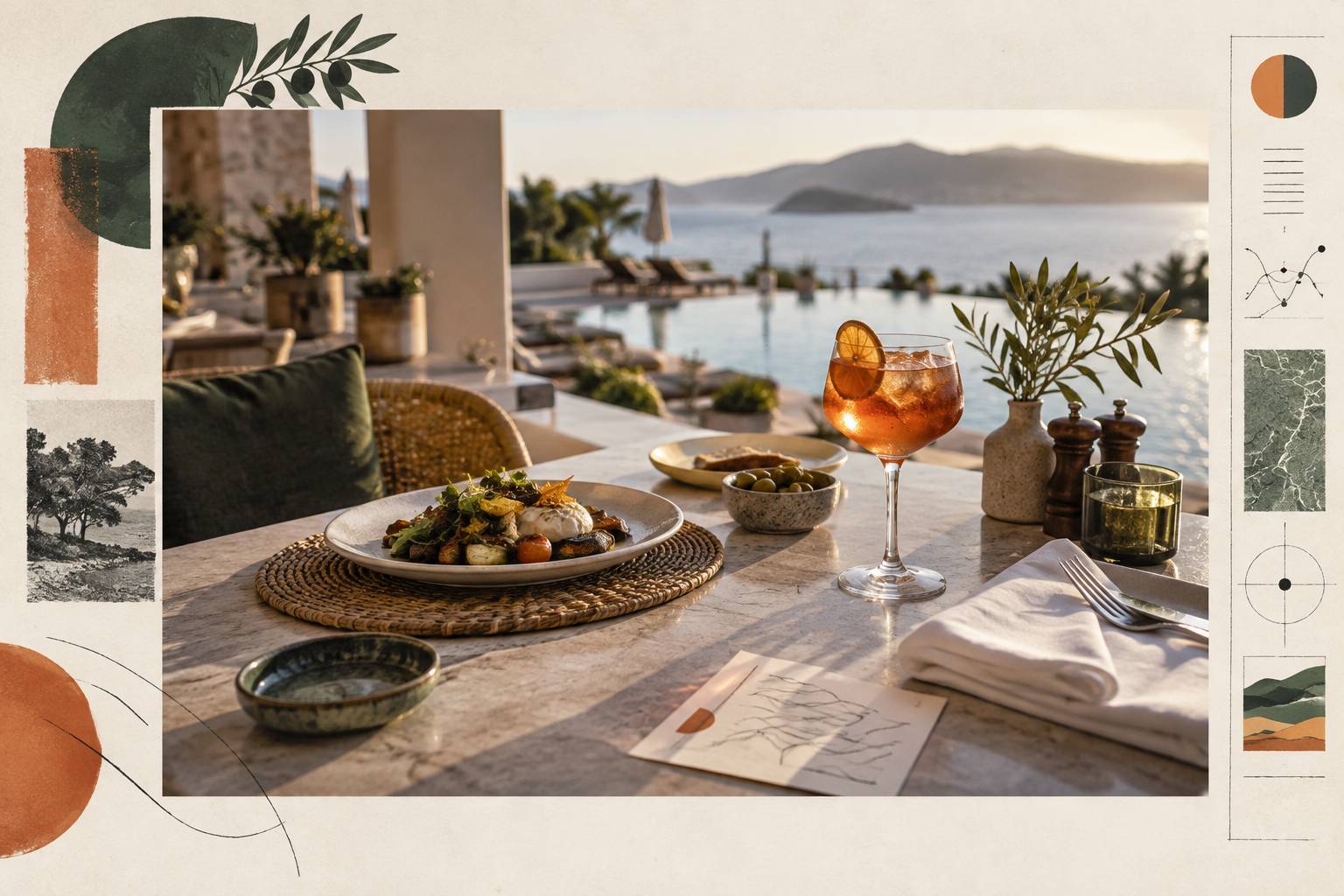 Gros plan sur une table de resort avec cocktail et note illisible