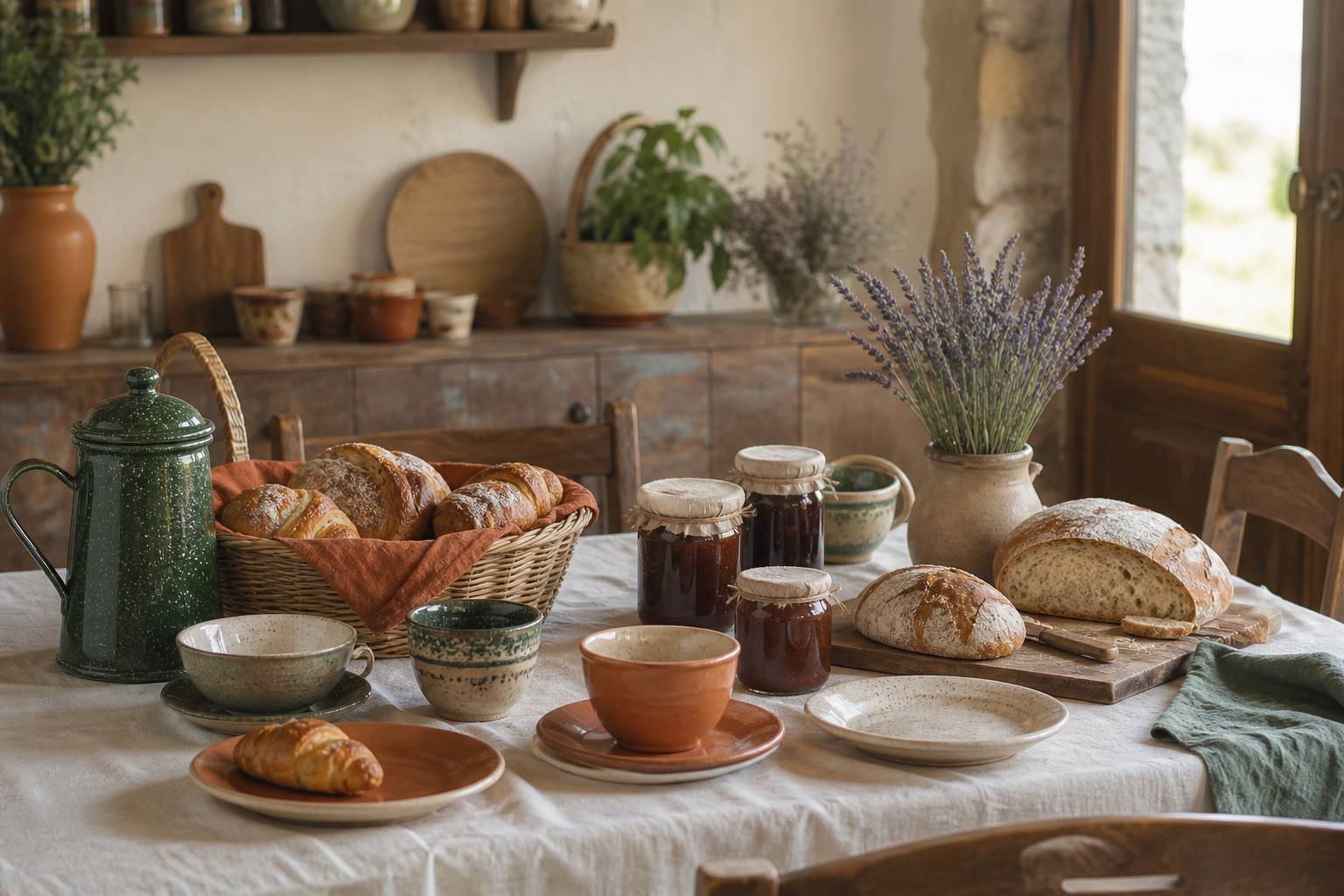 Table de petit-déjeuner avec viennoiseries, confitures maison et cafetière sur nappe en lin