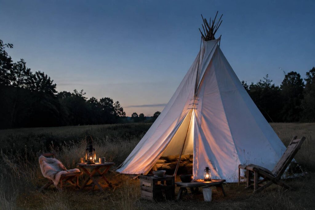 Grand tipi en toile blanche éclairé de l'intérieur dans un pré au crépuscule
