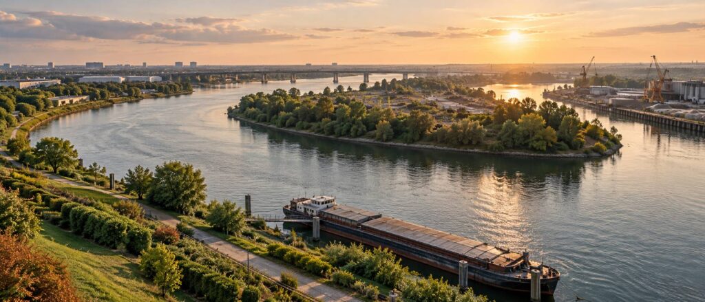 Boucle de fleuve entre berges amenagees et friche industrielle avec pont et peniche