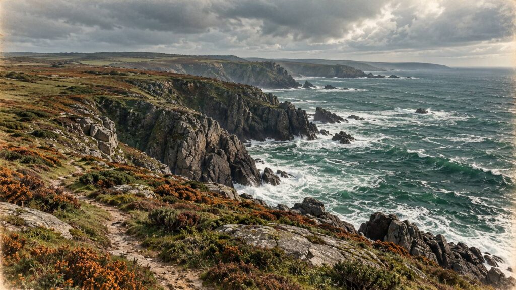 Falaises de granit, lande rase et sentier cotier au-dessus d'une mer verte et ecumeuse
