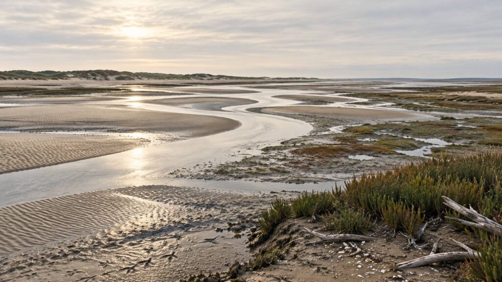 Estuaire tempéré à marée basse, chenaux, bancs de sable et prés salés