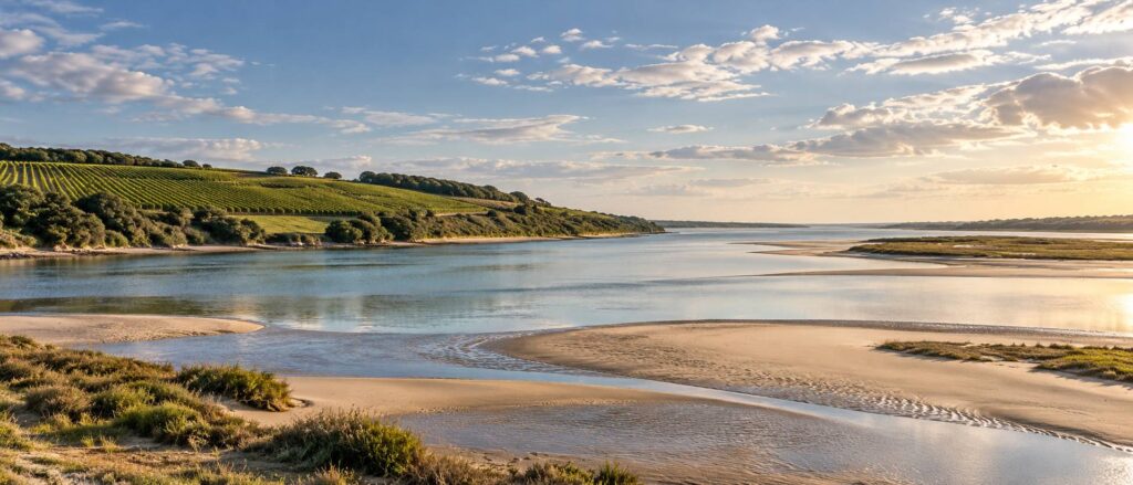 Estuaire calme bordé de rangs de vignes sous un ciel atlantique