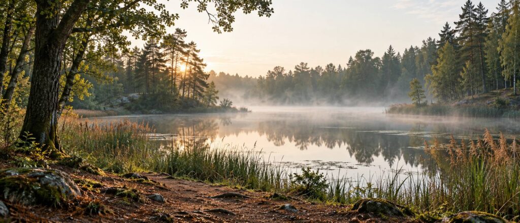 Étang forestier entouré de roseaux avec une brume basse au matin