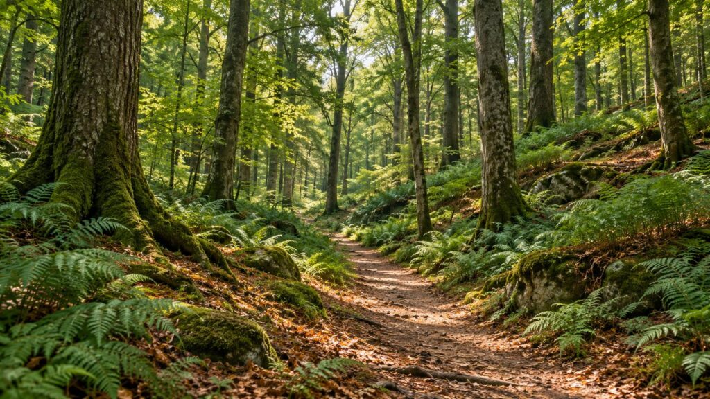 Futaie de chênes et hêtres avec sentier de terre et sous-bois de fougères
