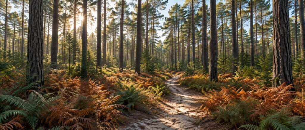 Forêt de pins aux troncs droits avec sol de fougères rousses et chemin de sable clair