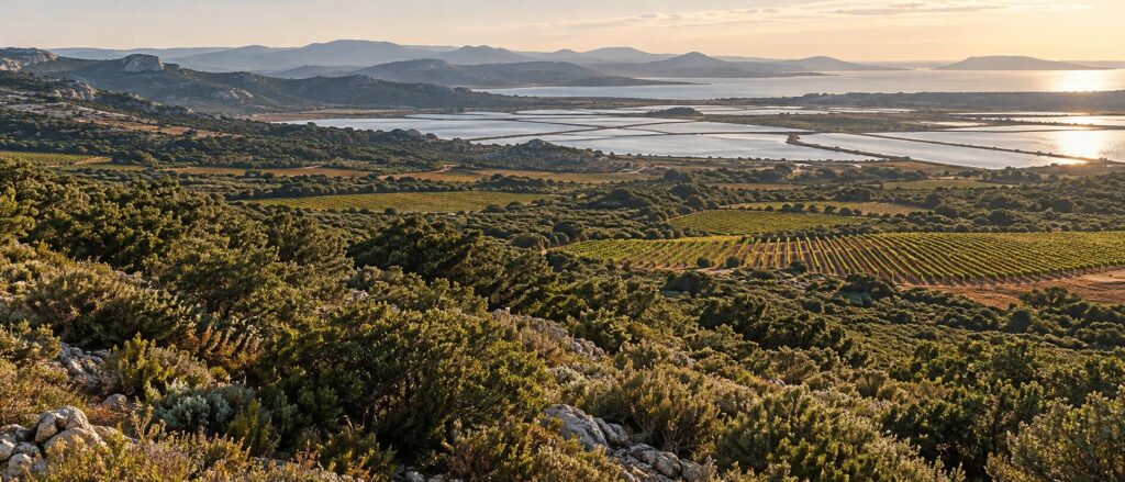 Paysage de garrigue avec vignes en rangs, marais salé et collines calcaires