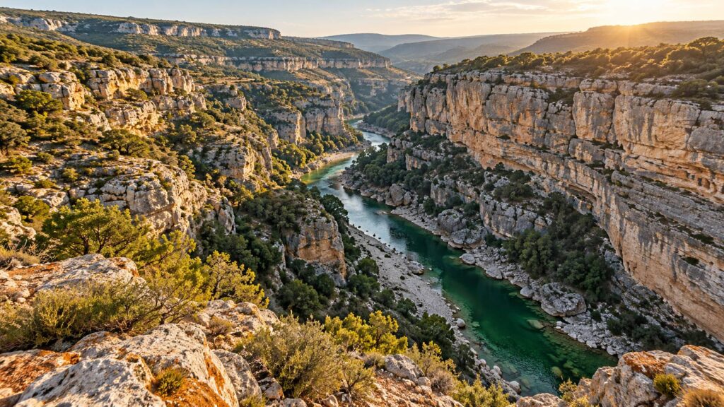 Gorge calcaire aux strates horizontales avec rivière verte et galets au fond