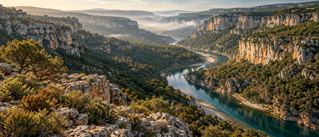 Gorges calcaires génériques avec rivière sinueuse et versants boisés sous lumière douce