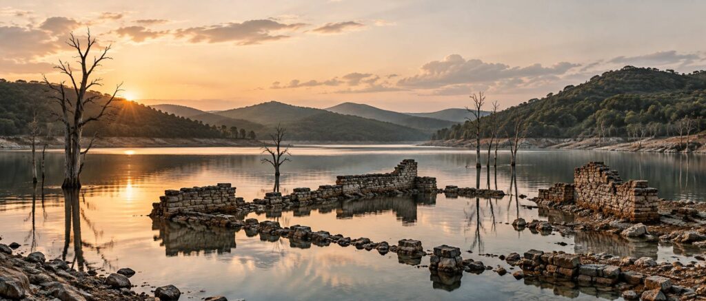 Lac de retenue calme avec vestiges de murs en pierre émergeant à fleur d'eau