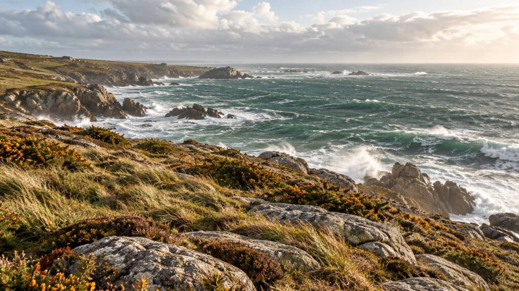 Littoral rocheux aux blocs de granit clair avec mer agitée et lande rase