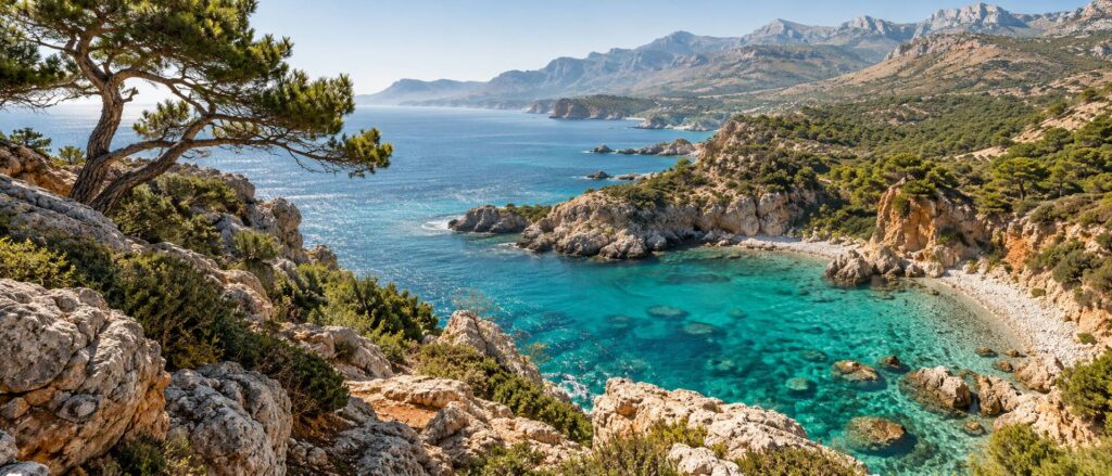 Littoral méditerranéen rocheux avec reliefs secs à l'arrière-plan