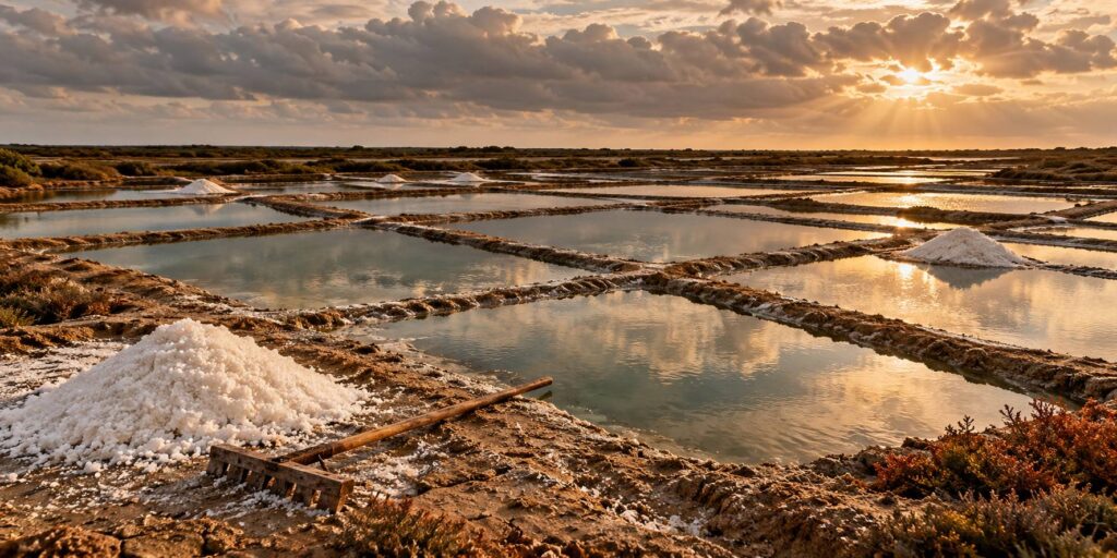 Marais salants avec carrés d'eau peu profonde, tas de sel blanc et râteau en bois