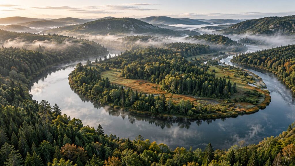 Vue aérienne d'un méandre de rivière bordé de forêt dense dans la brume matinale