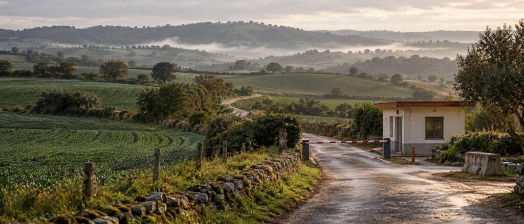 Campagne vallonnee avec haies, chemin de terre et petit poste en bord de route