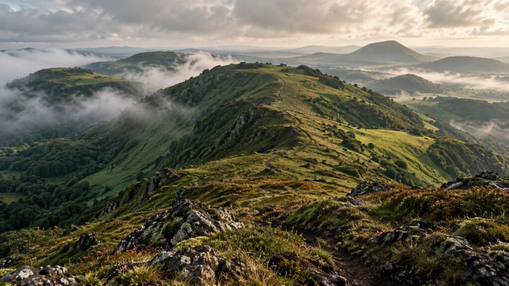Paysage volcanique avec puy arrondi, pâturages et brume matinale