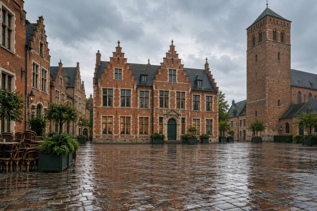 Place pavée avec bâtiments en briques rouges à pignons à redans et tour de brique sous ciel gris