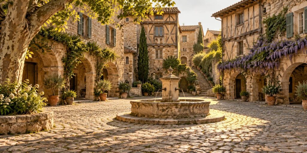 Placette de village de pierre avec arcades, maisons à colombages et fontaine centrale sur pavés