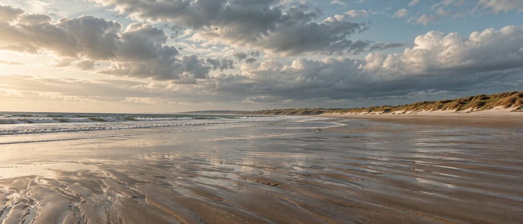 Plage normande à marée basse avec dunes d'oyats et ciel de nuages bas