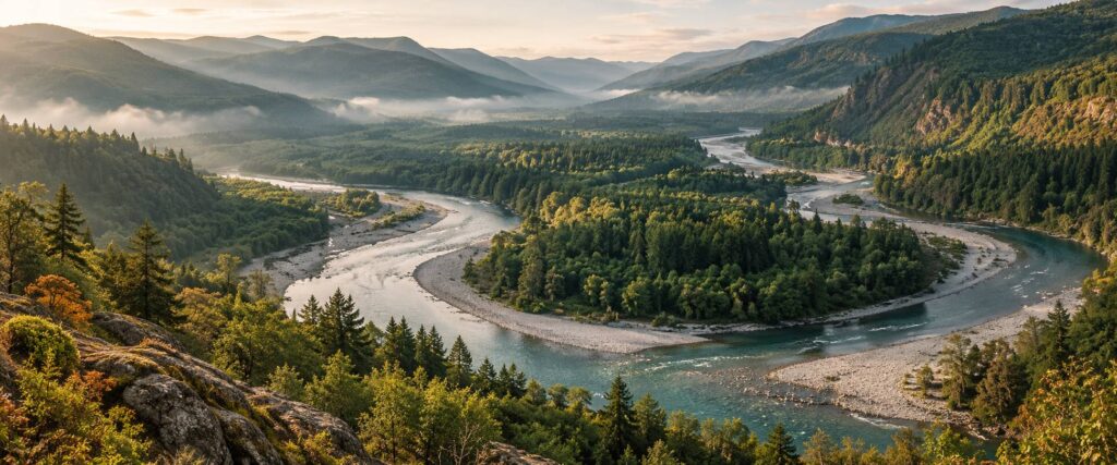 Rivière sauvage sinuant dans une vallée boisée sous une lumière douce