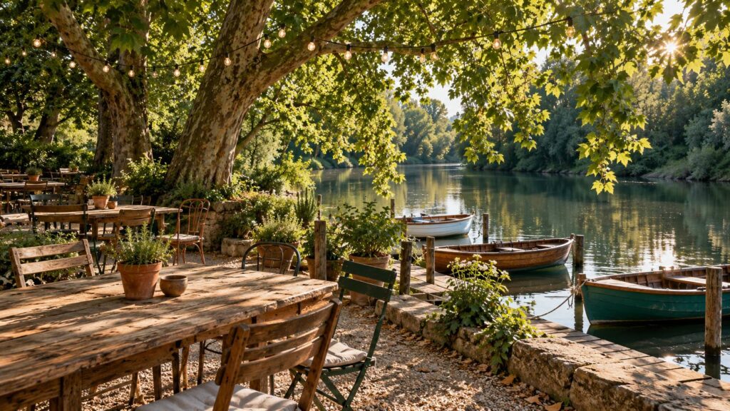 Terrasse ombragee au bord d'une riviere avec tables en bois et guirlandes