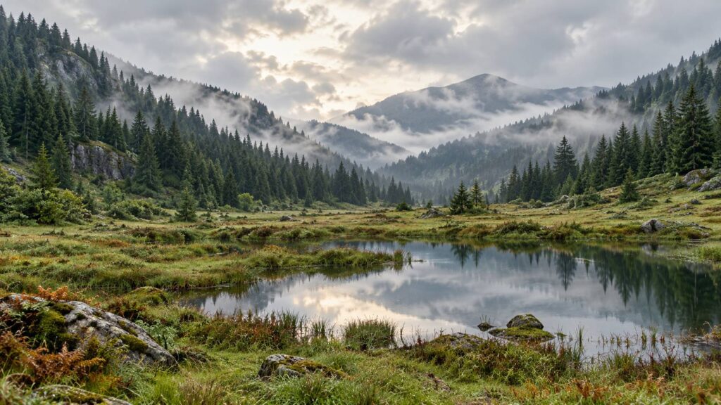 Vallée boisée sous la brume avec collines de sapins, prairies humides et étang