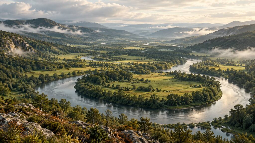 Vallée fluviale avec méandres, prairies et brume matinale sur les coteaux