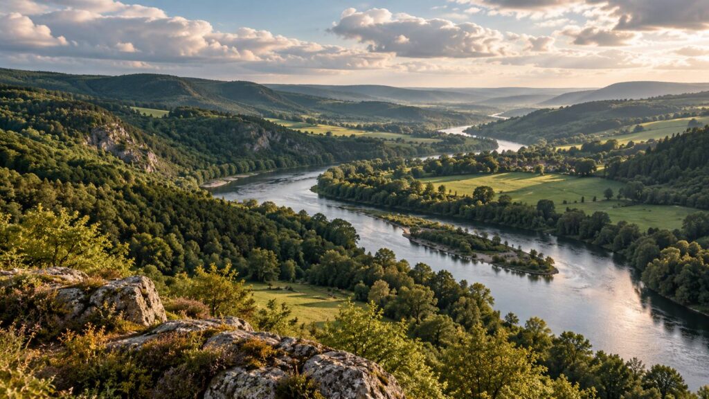 Vallée fluviale sinueuse entre des collines boisées vue depuis un belvédère