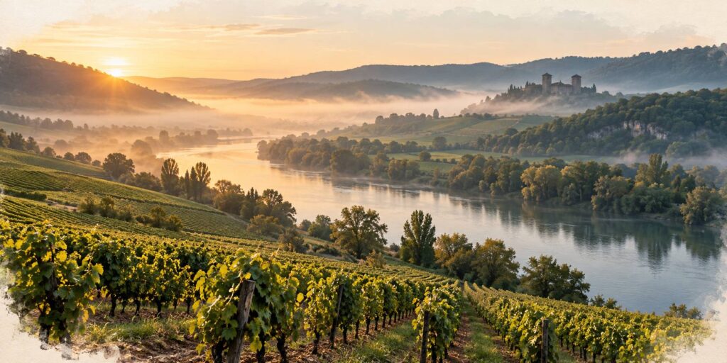 Vallee fluviale au lever du jour avec vignes, riviere et coteaux boises dans la brume