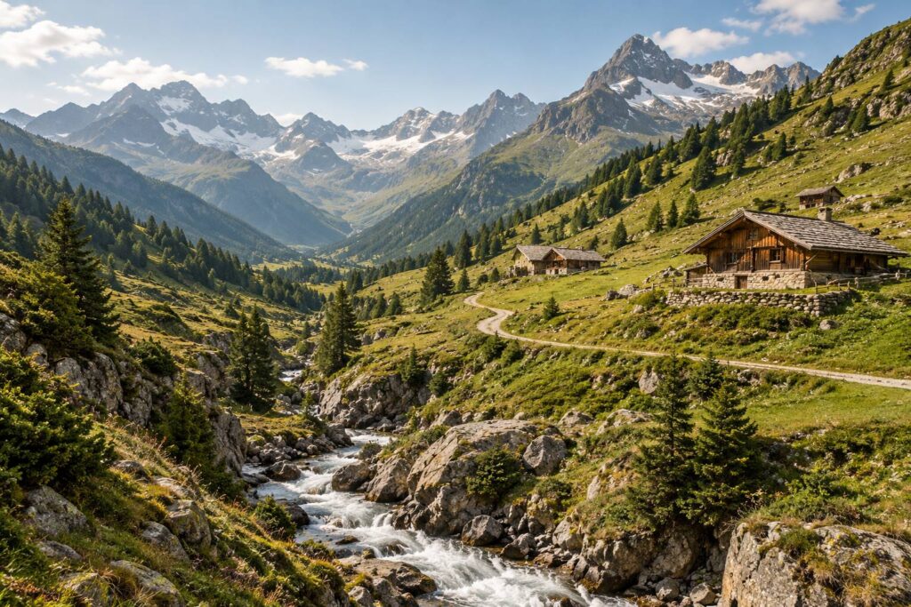 Vallée de montagne type avec alpages en pente, chalets de bois et torrent encaissé