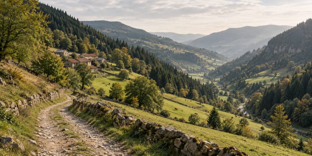Vallée de moyenne montagne boisée avec hameau, prairies et chemin de terre sous un ciel voilé