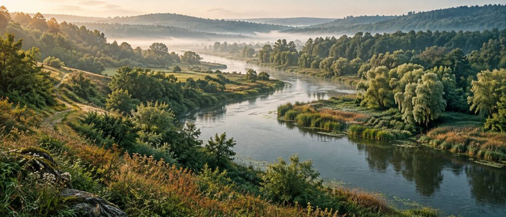 Riviere lente aux berges boisees et roseaux dans une vallee sauvage sous une brume legere
