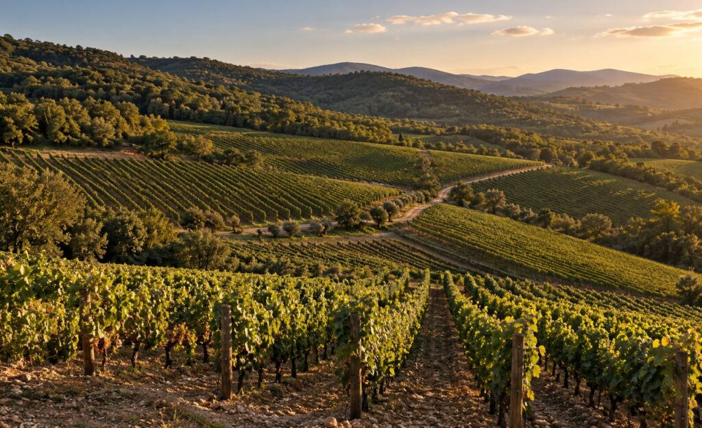 Rangs de vigne alignés sur un coteau avec collines boisées à l’horizon