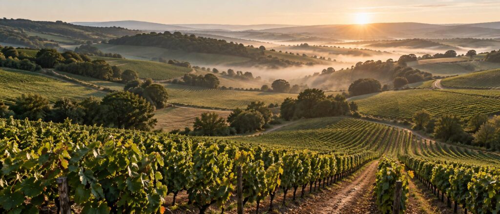 Campagne de vignes et prairies sur des coteaux dans la brume
