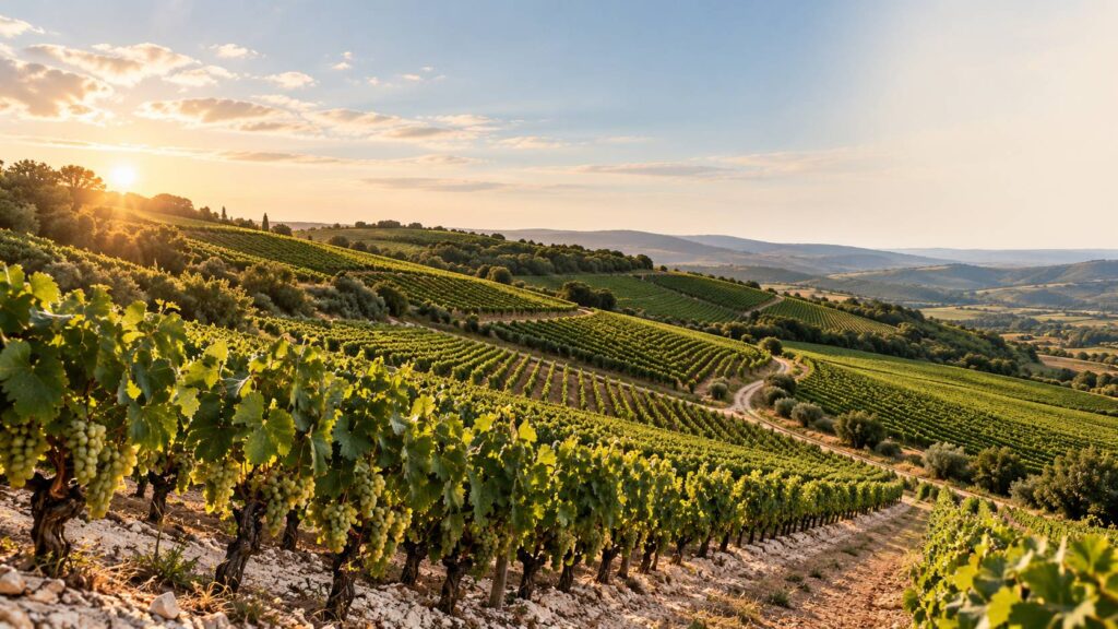 Vignoble en coteaux sur sol crayeux avec rangs de vigne alignés sous un ciel clair