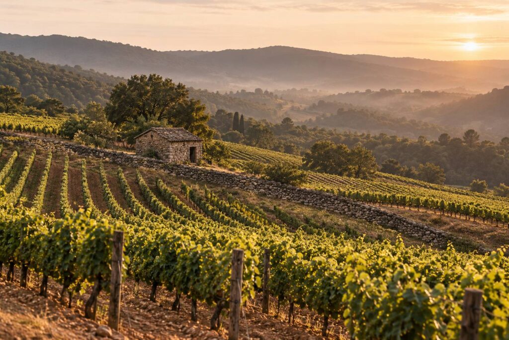 Rangs de vigne sur des coteaux au soleil couchant, mur de pierre sèche et terre ocre